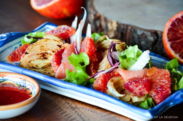 Insalata 2.0 di Arancia Rossa, salmone e finocchi arrosto